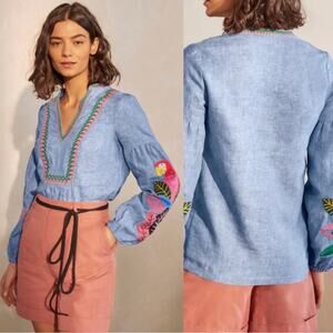 Boden Chambray Linen Blouse with Embroidered Parrot Print - size 8